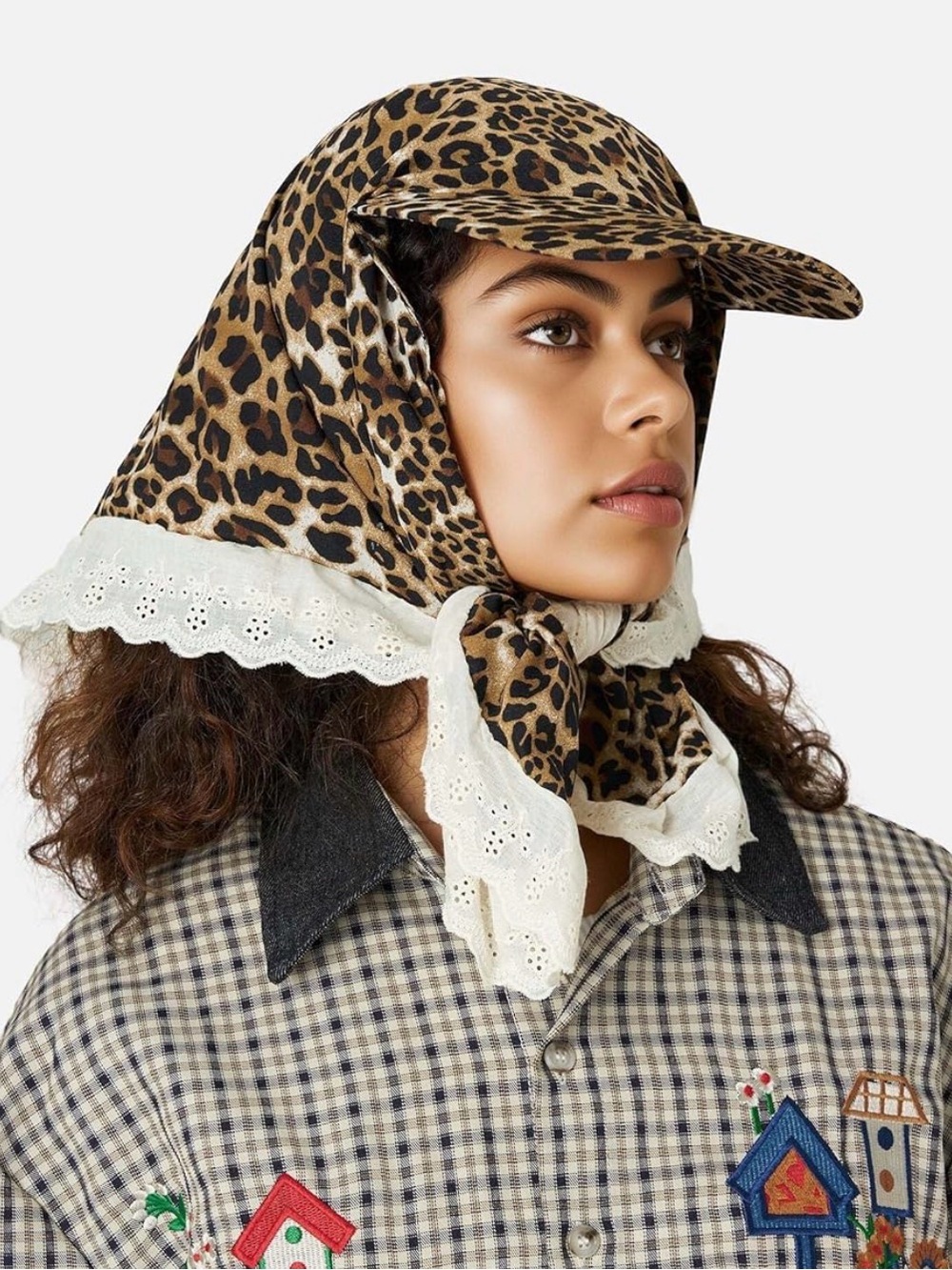 Leopard Print Visor Scarf with Lace Trim - leopard print